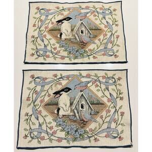 Chenille Bunny Rabbit “2” Placemats Tapestry Birds Bird House Garden Kohls Vtg